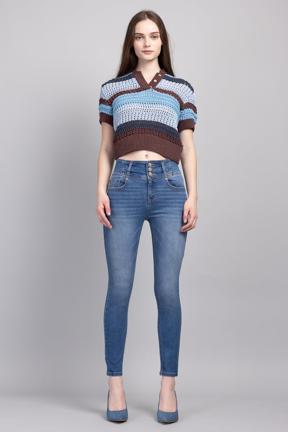 High Rise 3 Button Ankle Skinny Jeans-4