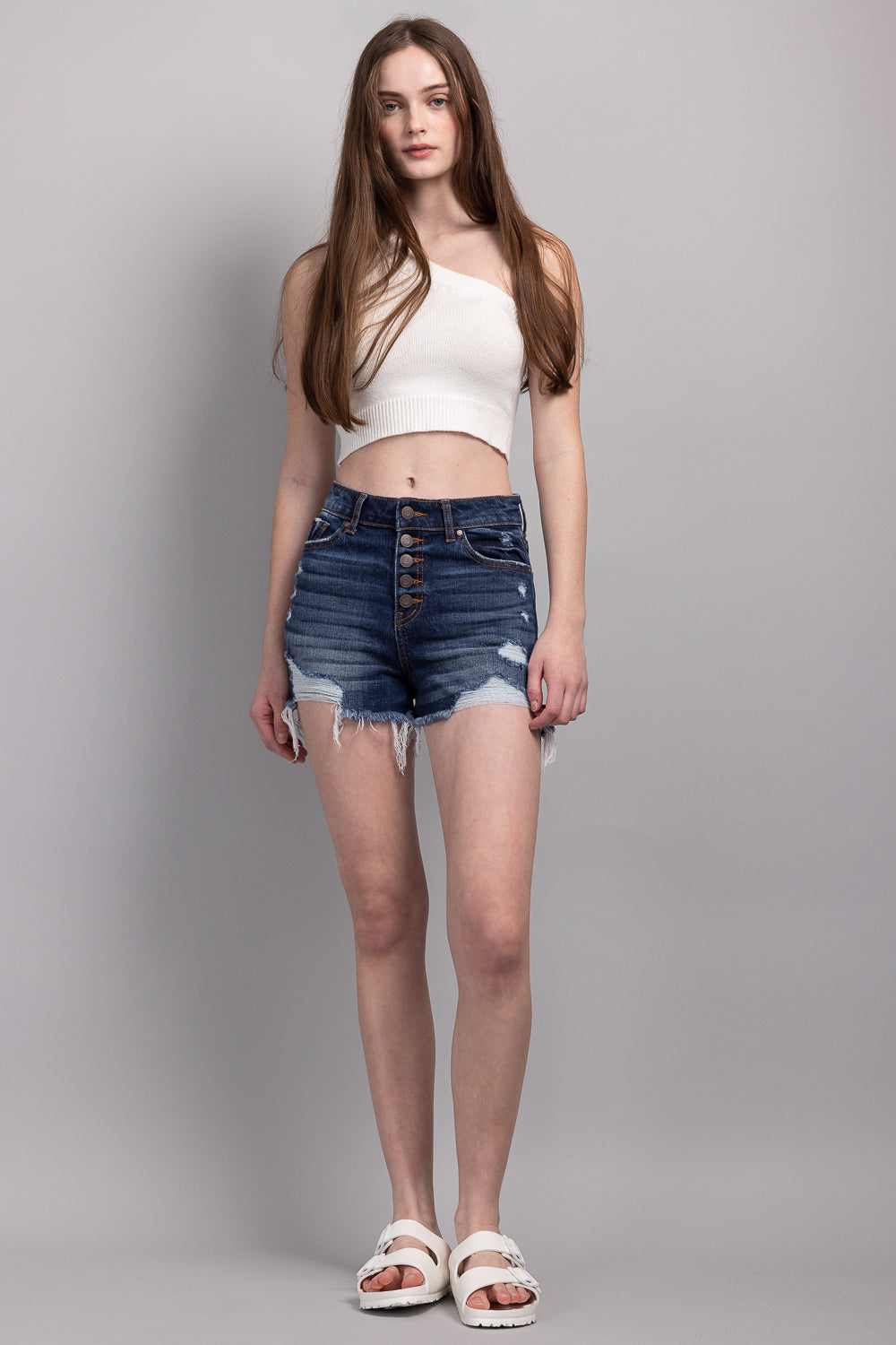 High Rise 5 Button Destructed Denim Shorts-2