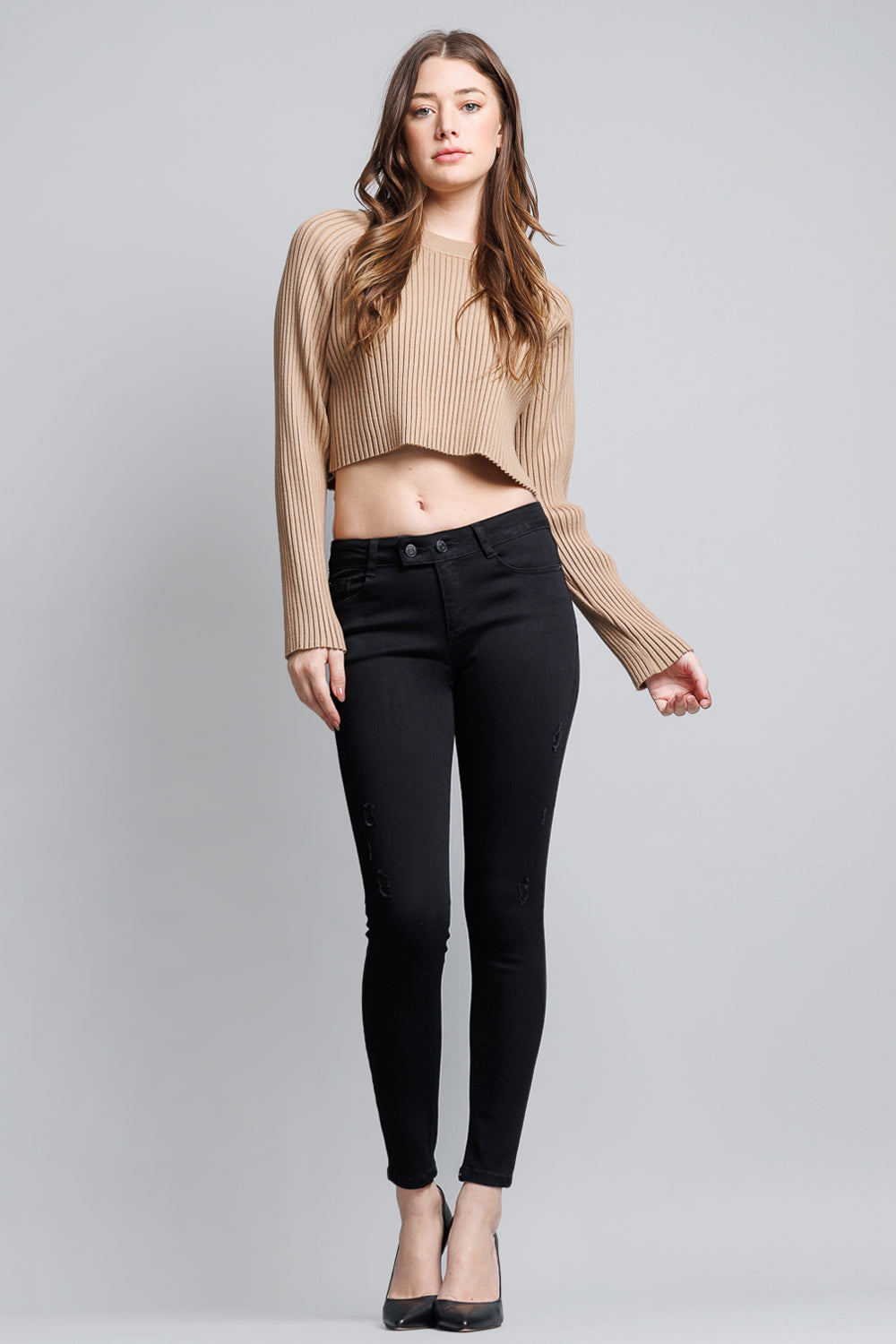 High Rise 2 Button Black Ankle Skinny Jeans-3