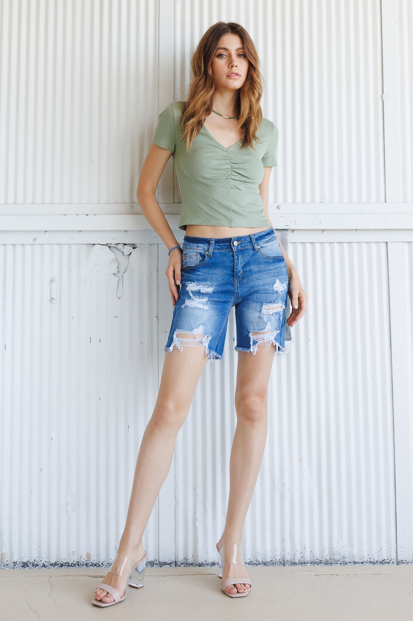 High Rise Destructed Bermuda Denim Shorts-3