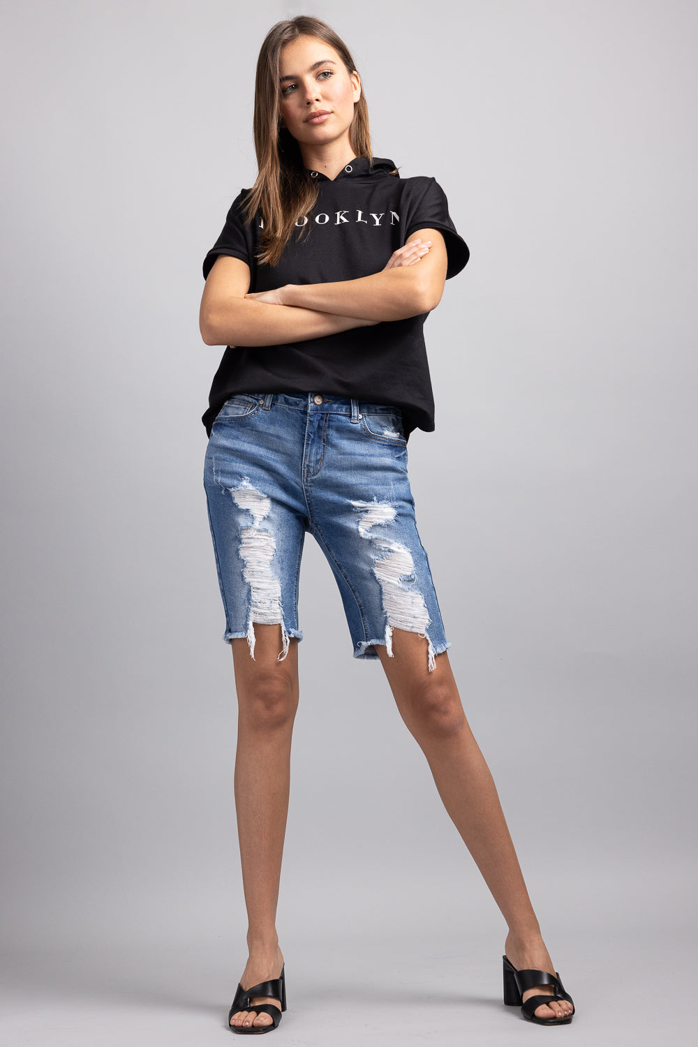 Mid Rise Heavy Destructed Bermuda Denim Shorts-3