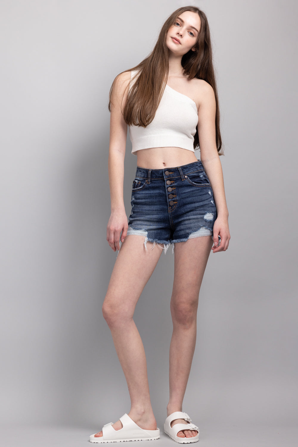 High Rise 5 Button Destructed Denim Shorts-1