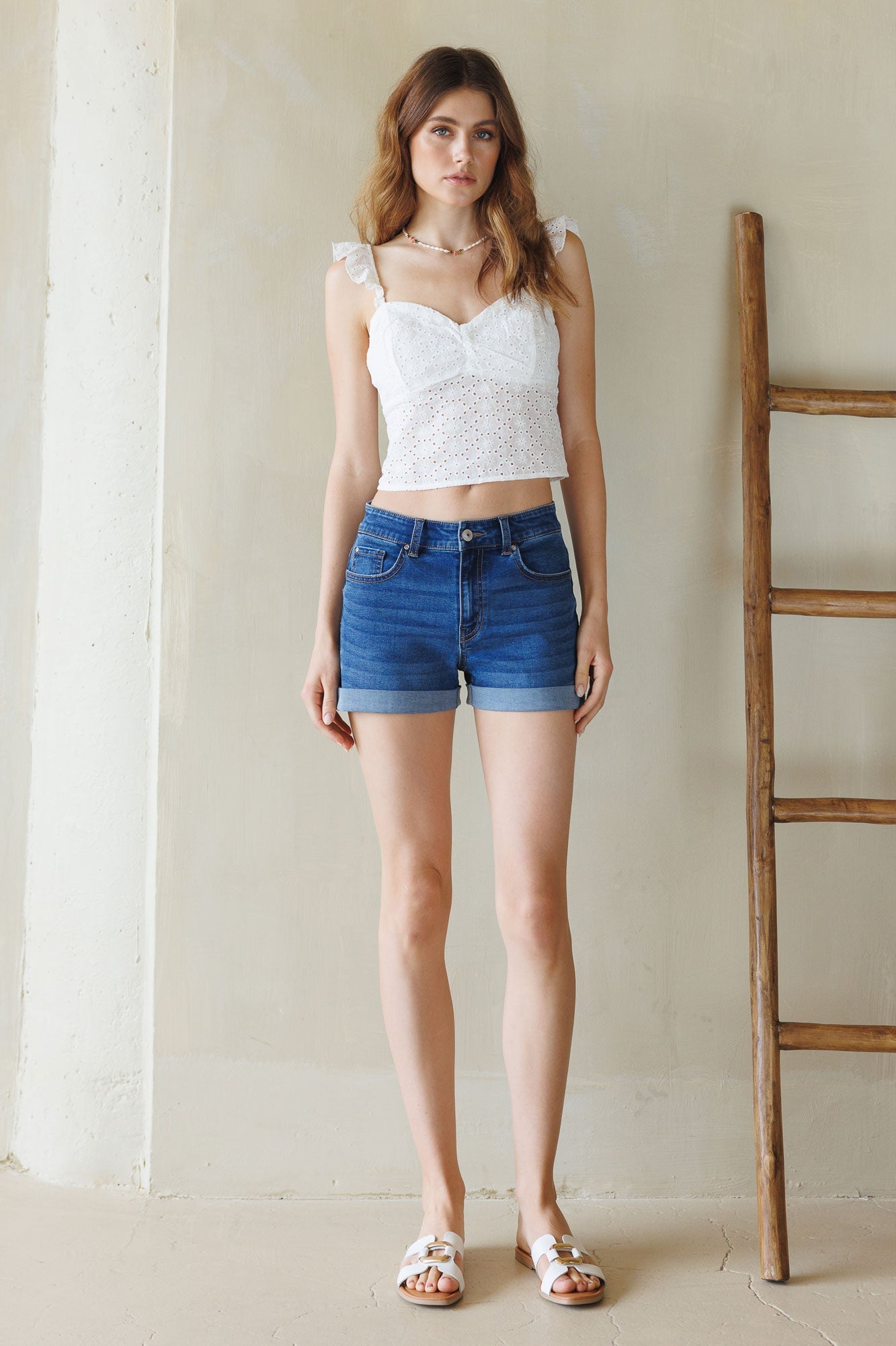 High Rise 5 Pocket Denim Shorts-0