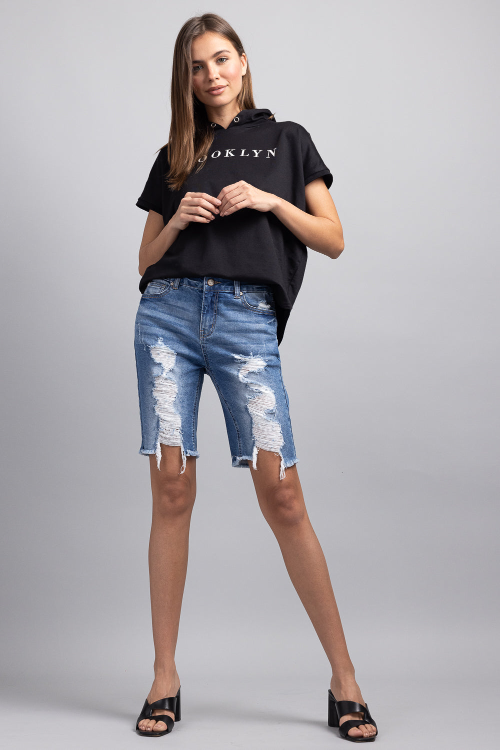 Mid Rise Heavy Destructed Bermuda Denim Shorts-4