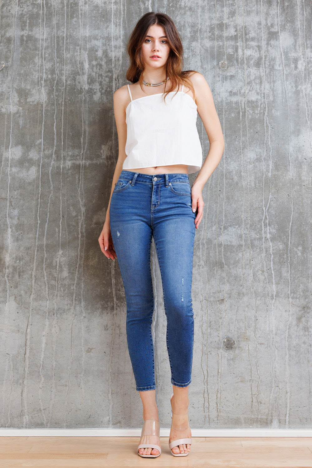 Mid Rise Destructed Ankle Skinny Jeans-0