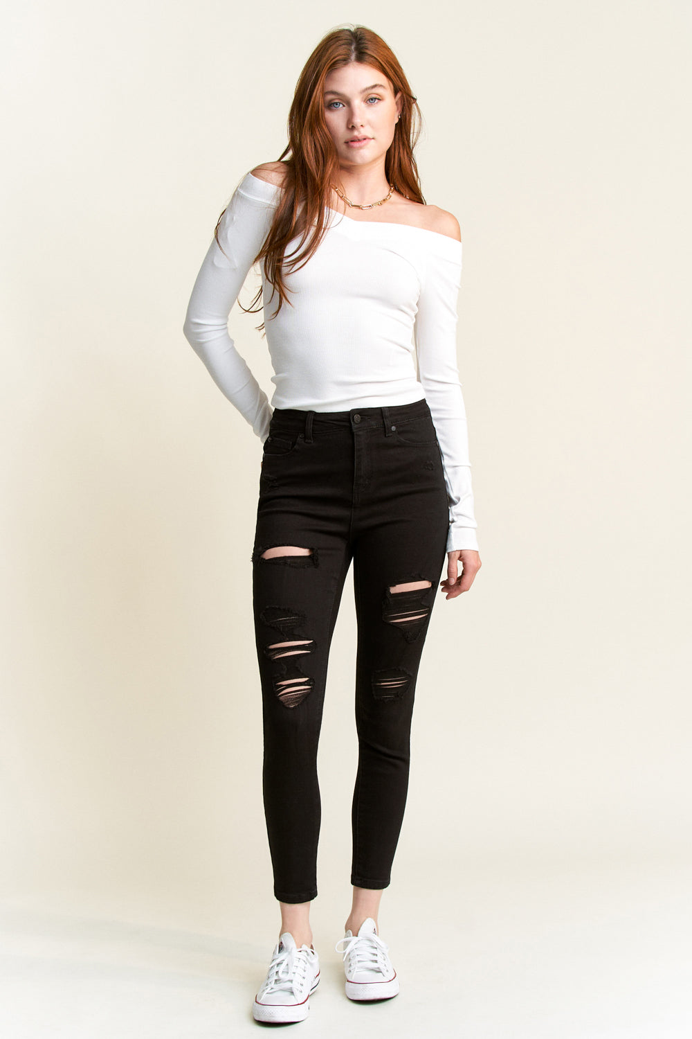 High Rise Destructed Skinny Jeans-0