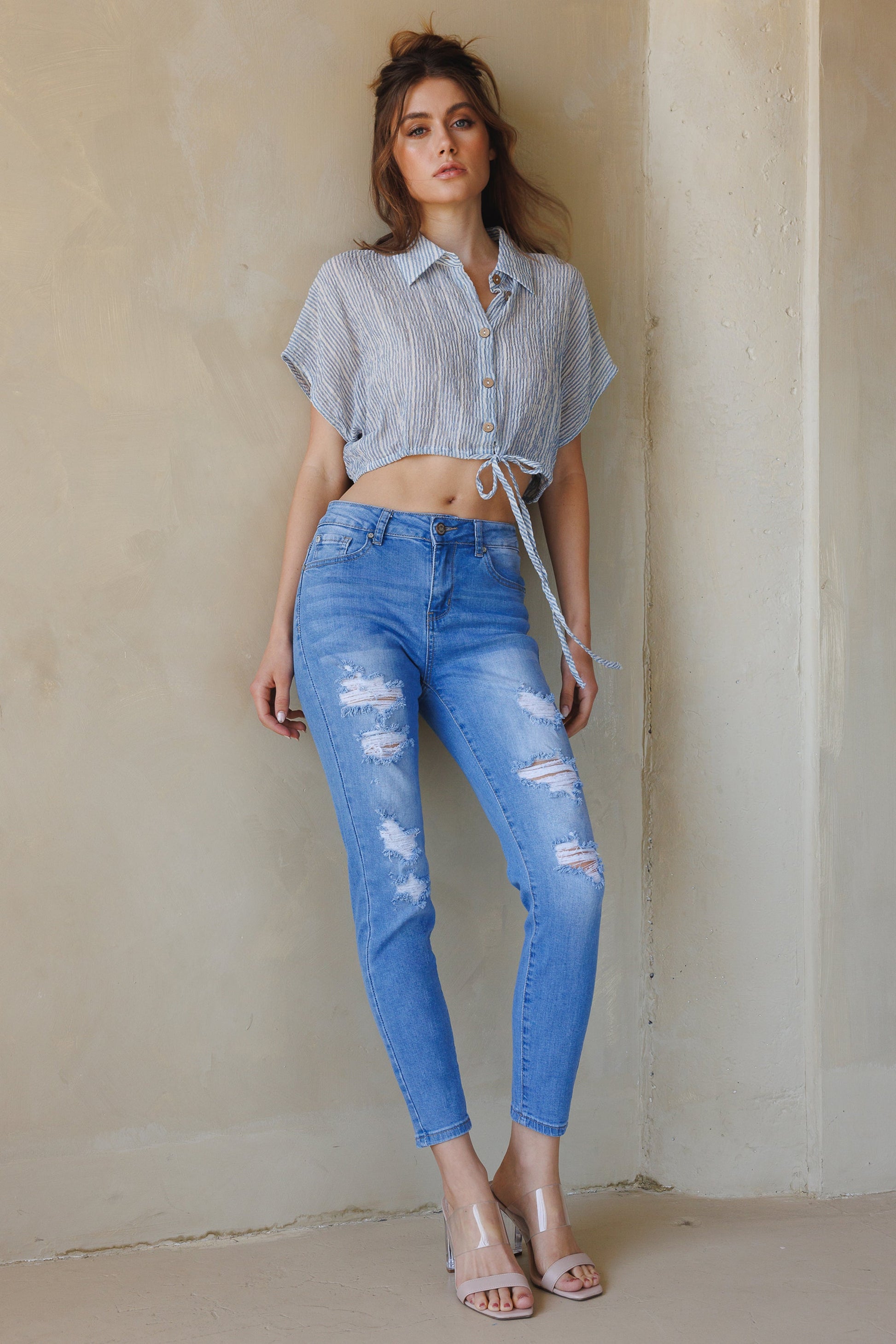 High Rise Destructed Skinny Jeans-0