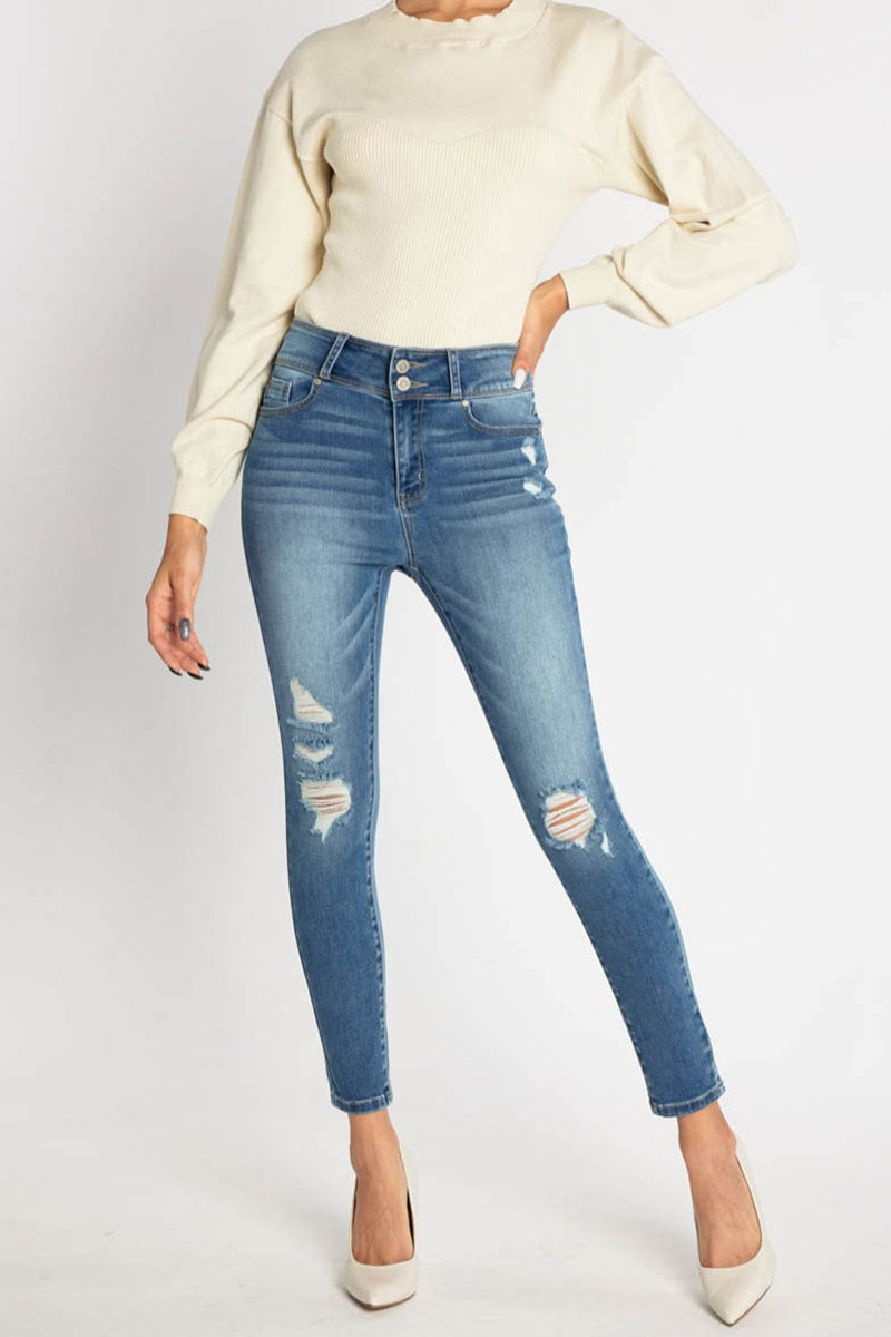 High Rise Destructed Skinny Jeans-0