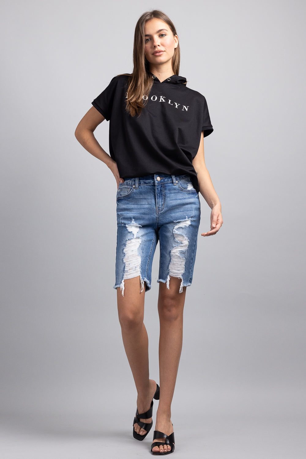 Mid Rise Heavy Destructed Bermuda Denim Shorts-0