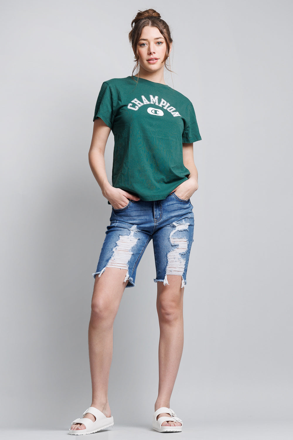 Mid Rise Heavy Destructed Bermuda Denim Shorts-0