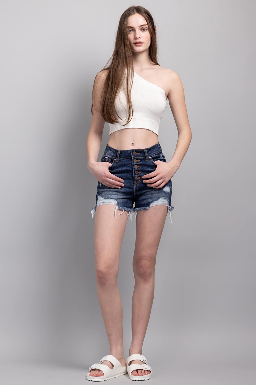 High Rise 5 Button Destructed Denim Shorts-0