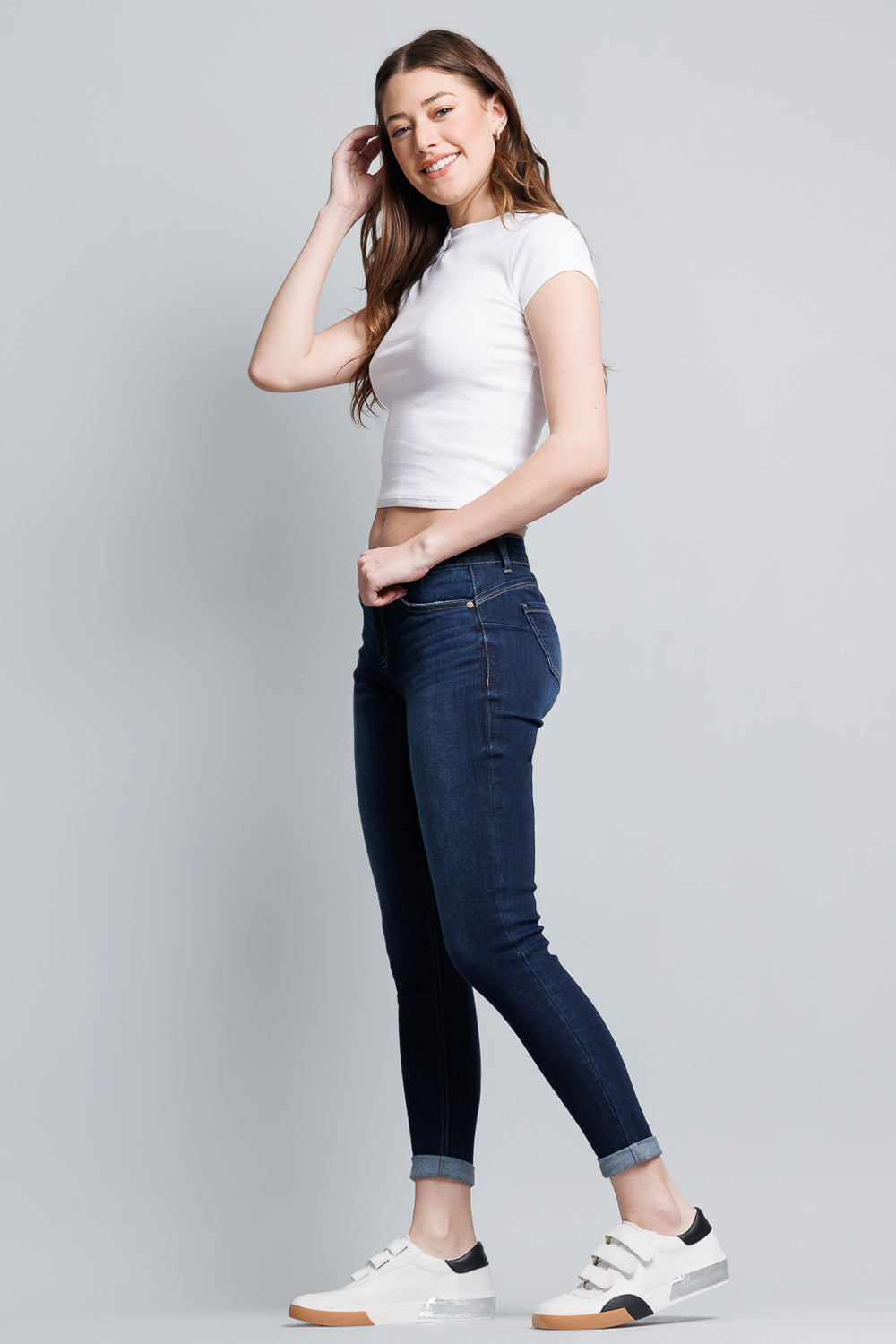 Mid Rise Push Up Roll Cuffed Ankle Skinny Jeans-3