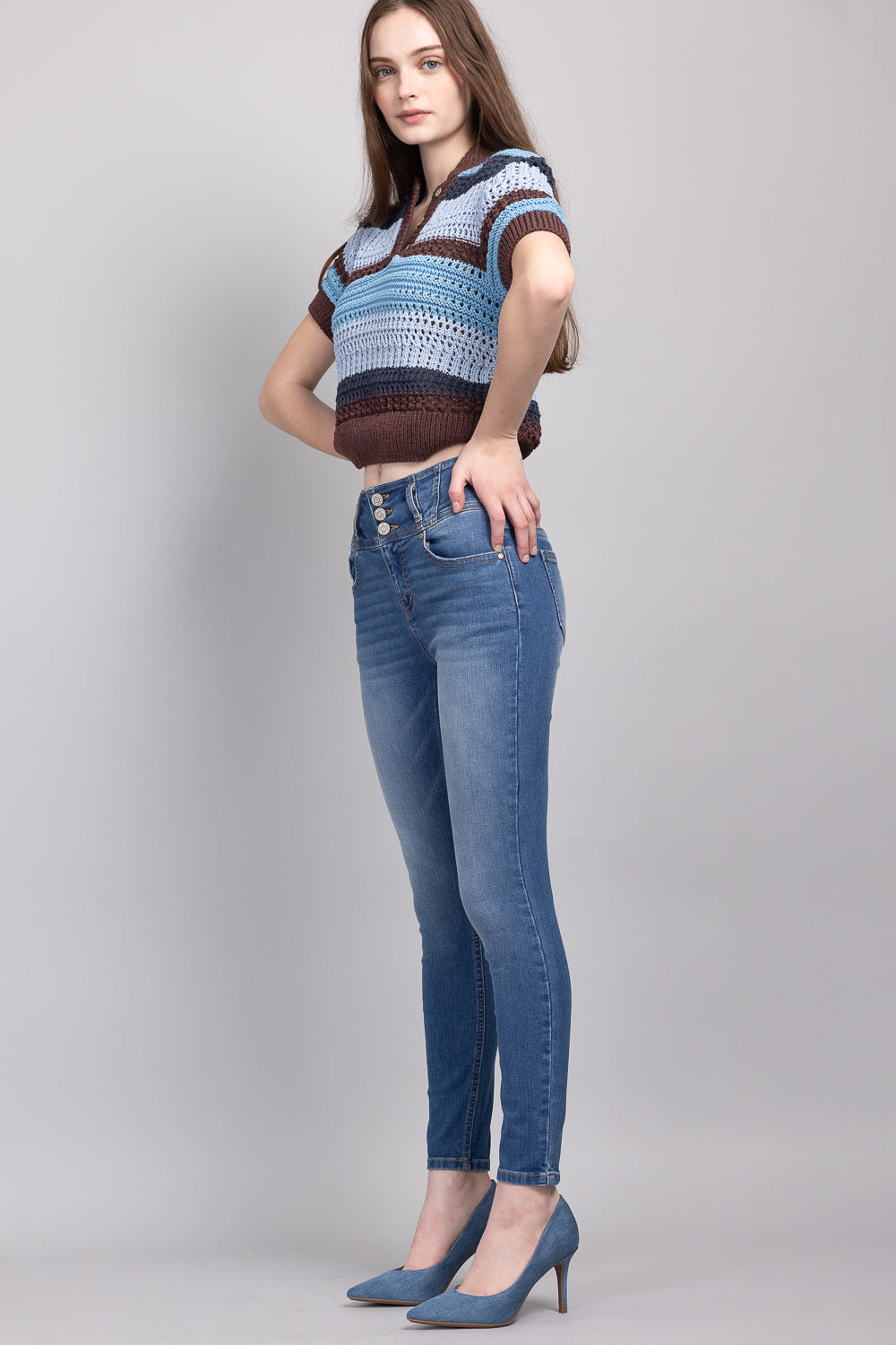 High Rise 3 Button Ankle Skinny Jeans-2