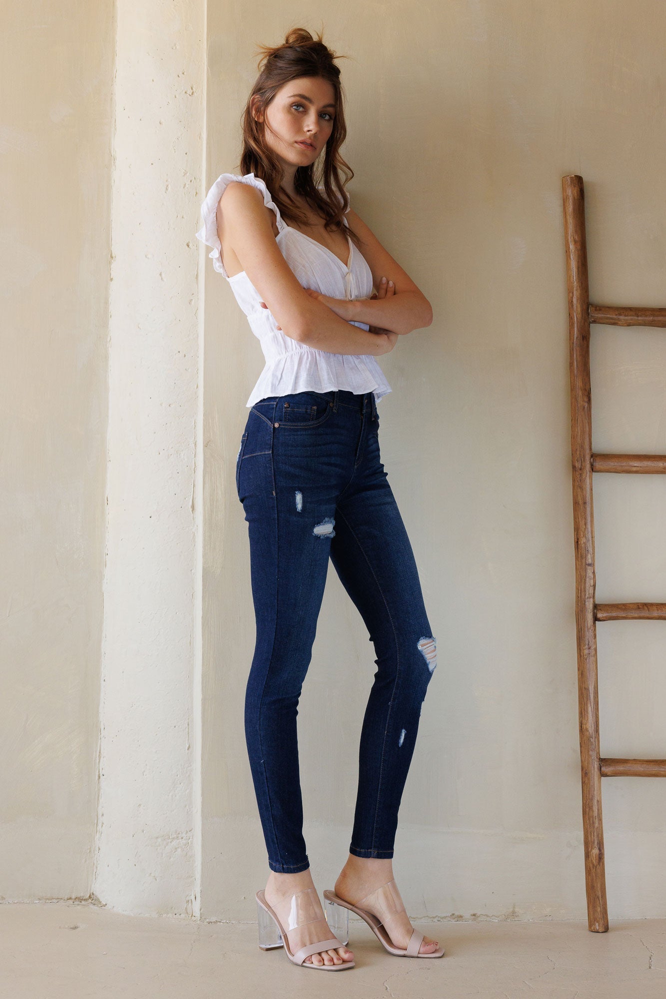 Mid Rise Destructed Skinny Jeans-2