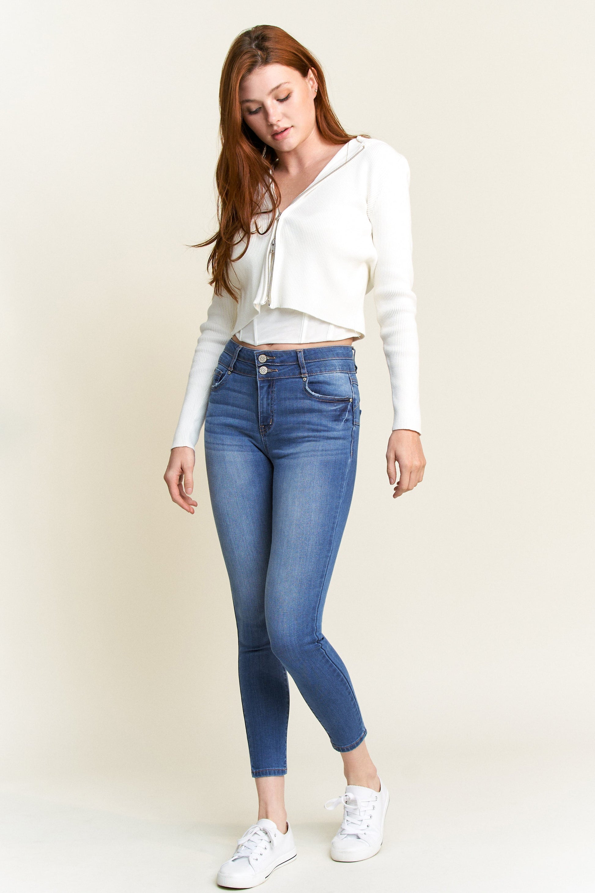 Double Waist High Rise Ankle Skinny Jeans-1