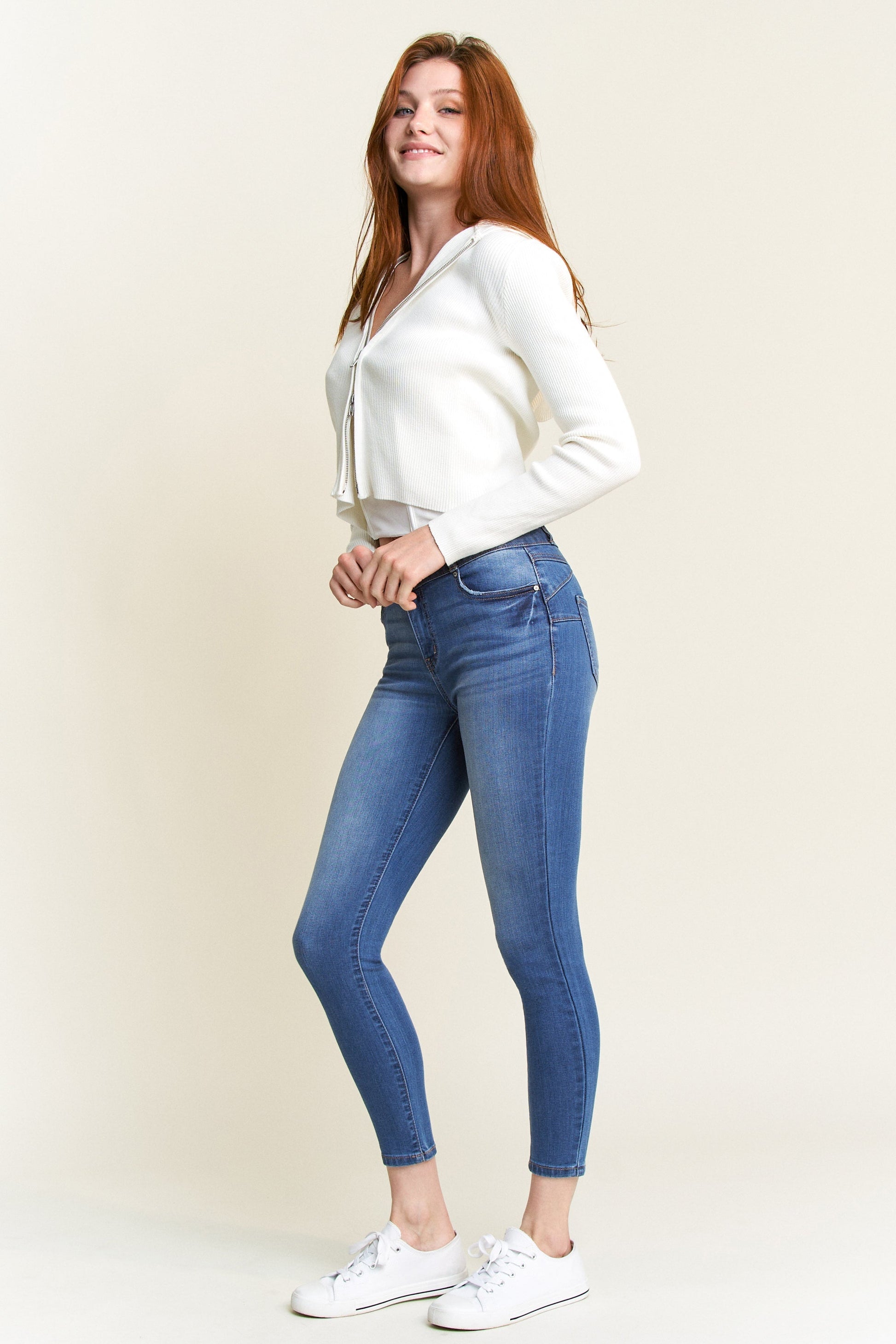 Double Waist High Rise Ankle Skinny Jeans-3