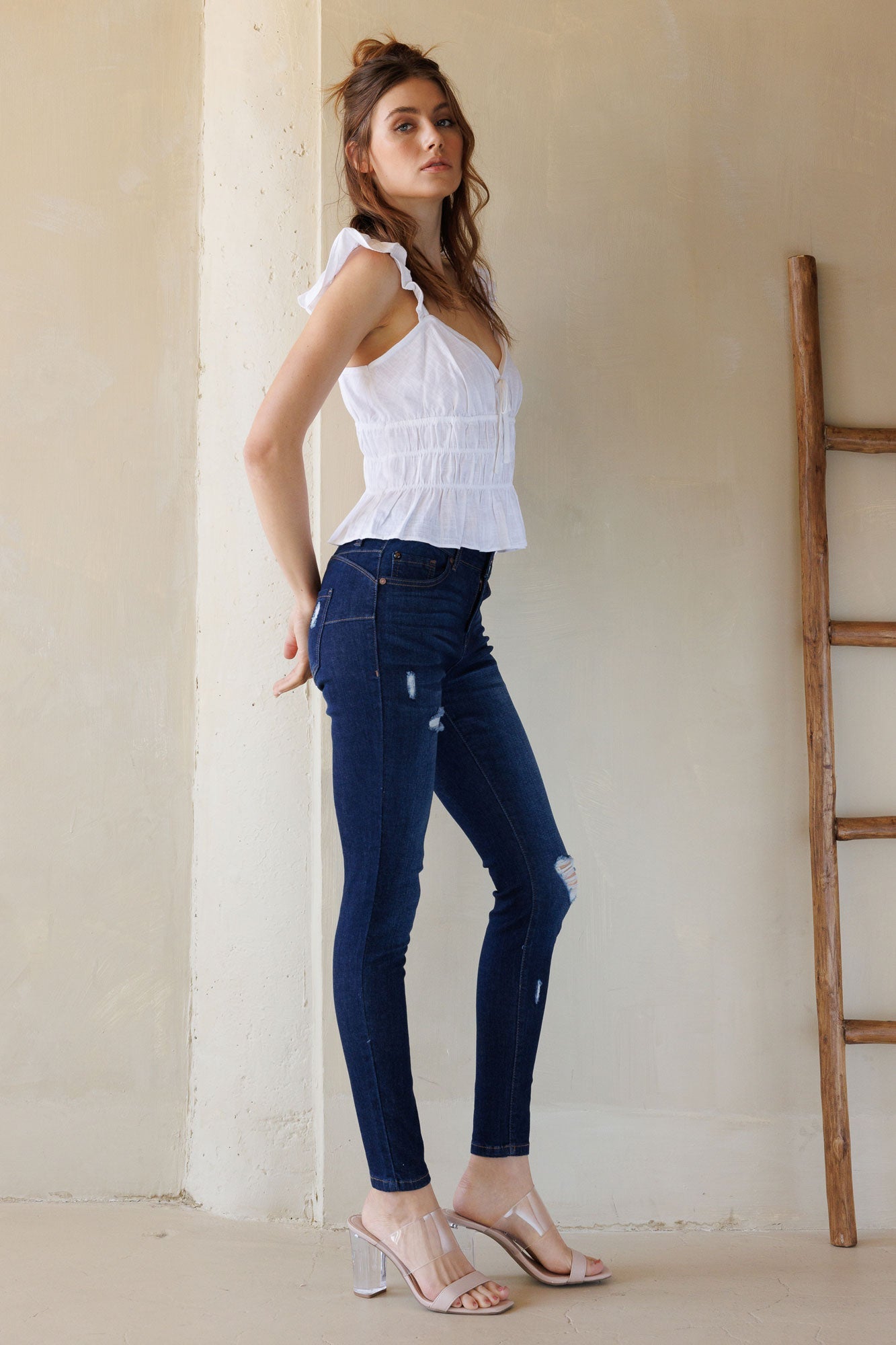 Mid Rise Destructed Skinny Jeans-1