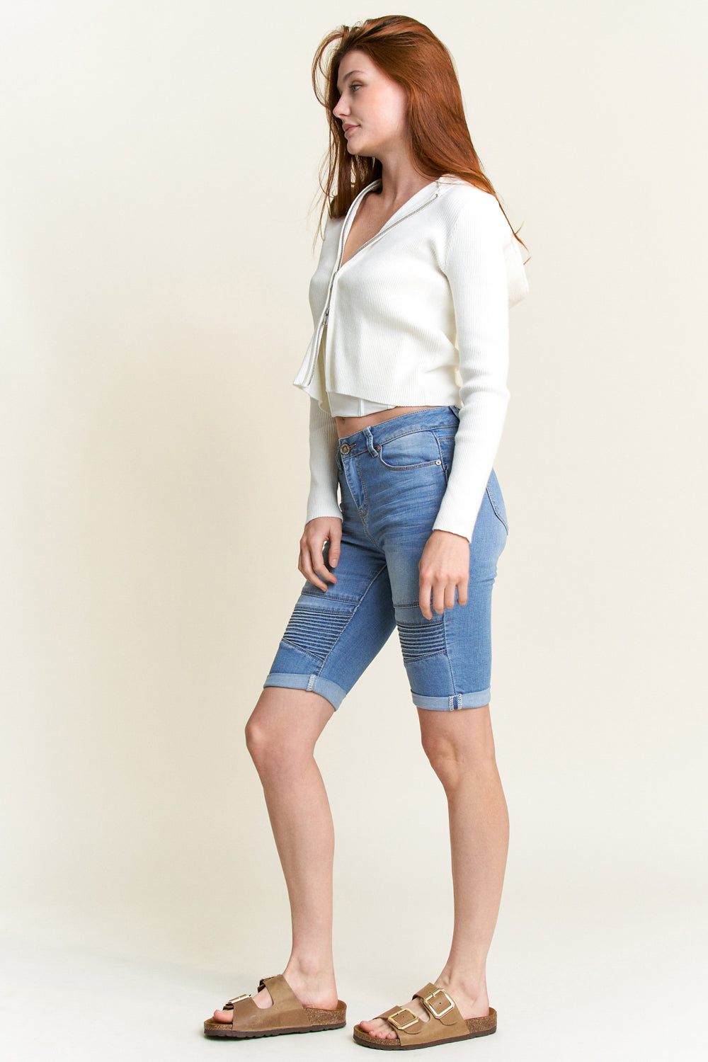 Mid Rise 5 Pocket Bermuda Denim Shorts-3