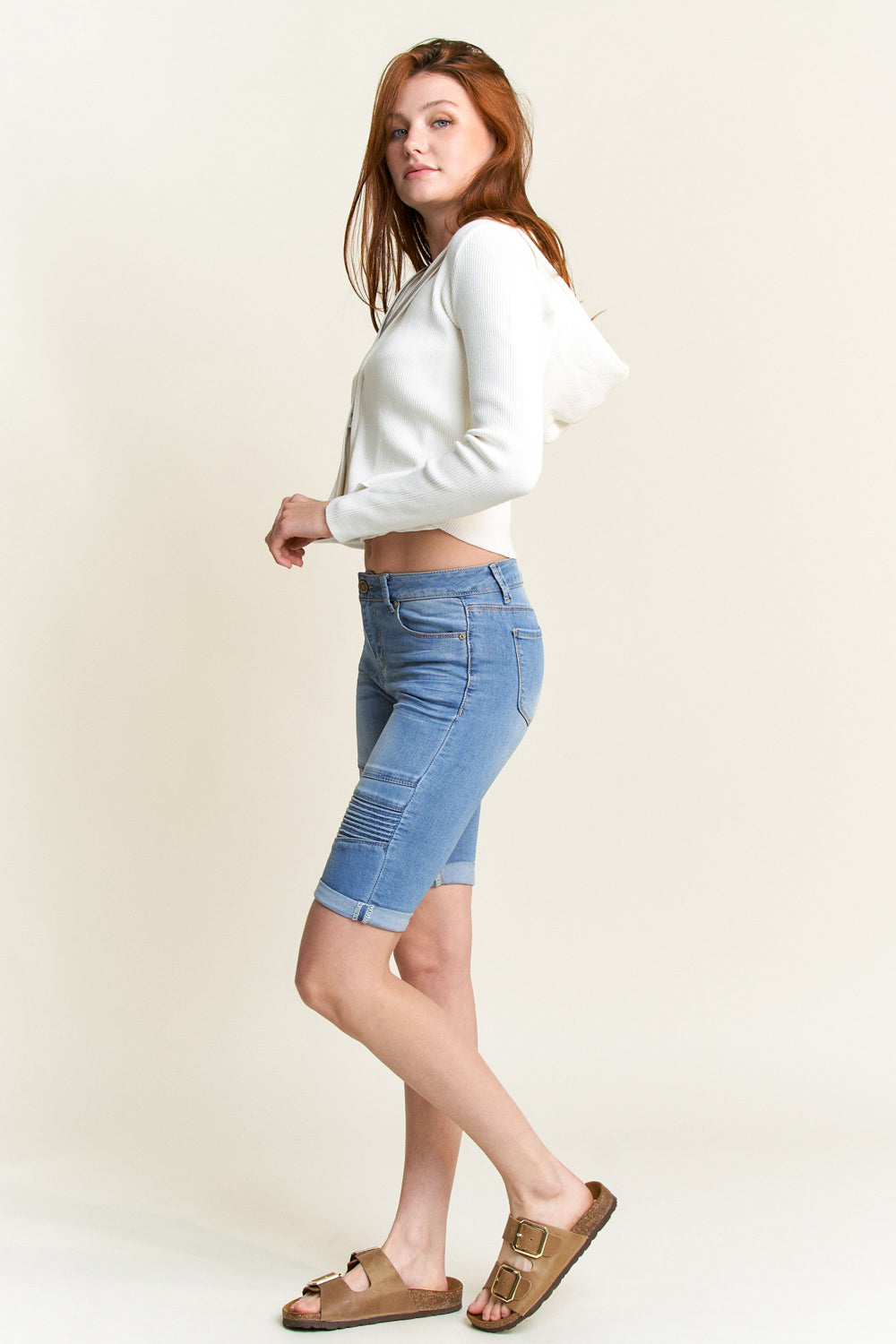 Mid Rise 5 Pocket Bermuda Denim Shorts-4