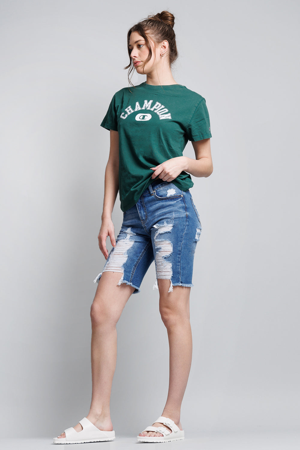 Mid Rise Heavy Destructed Bermuda Denim Shorts-1