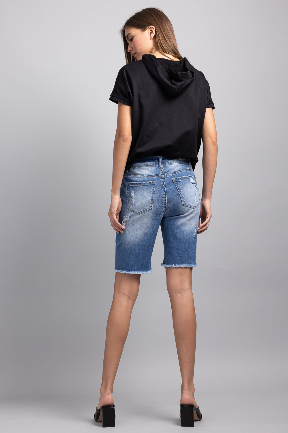 Mid Rise Heavy Destructed Bermuda Denim Shorts-1