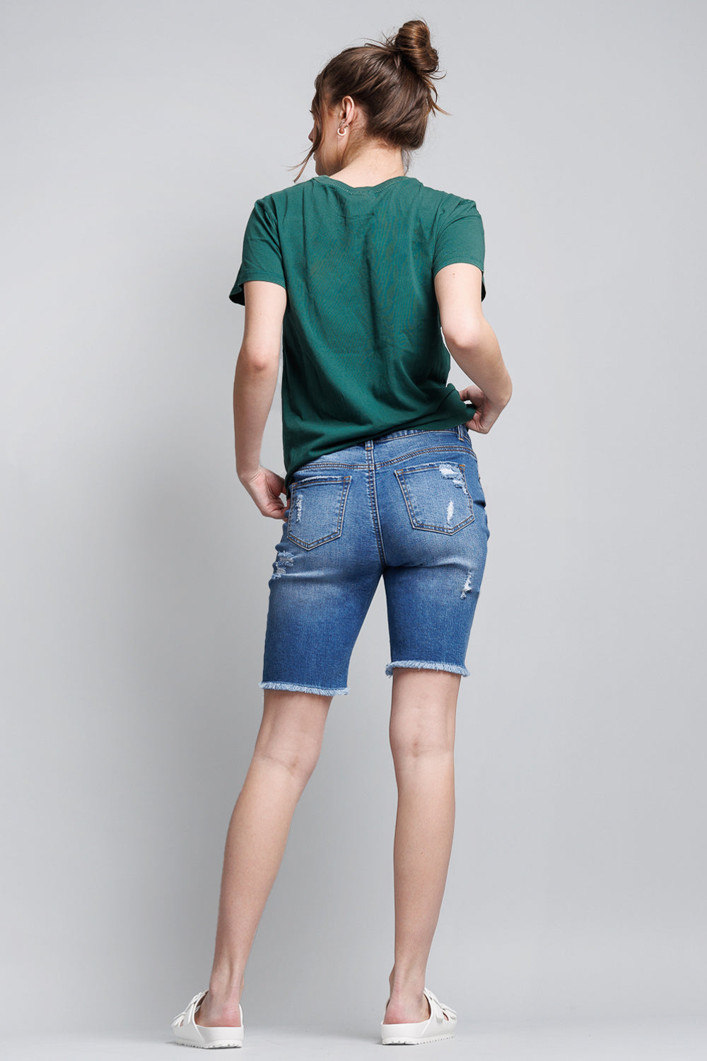 Mid Rise Heavy Destructed Bermuda Denim Shorts-2