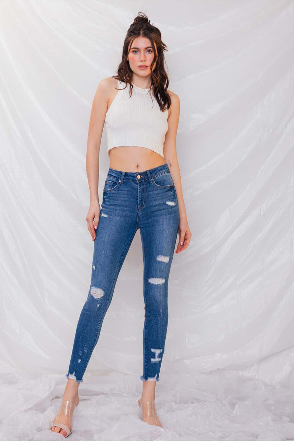 Destructed High Rise Ankle Skinny Jeans-0