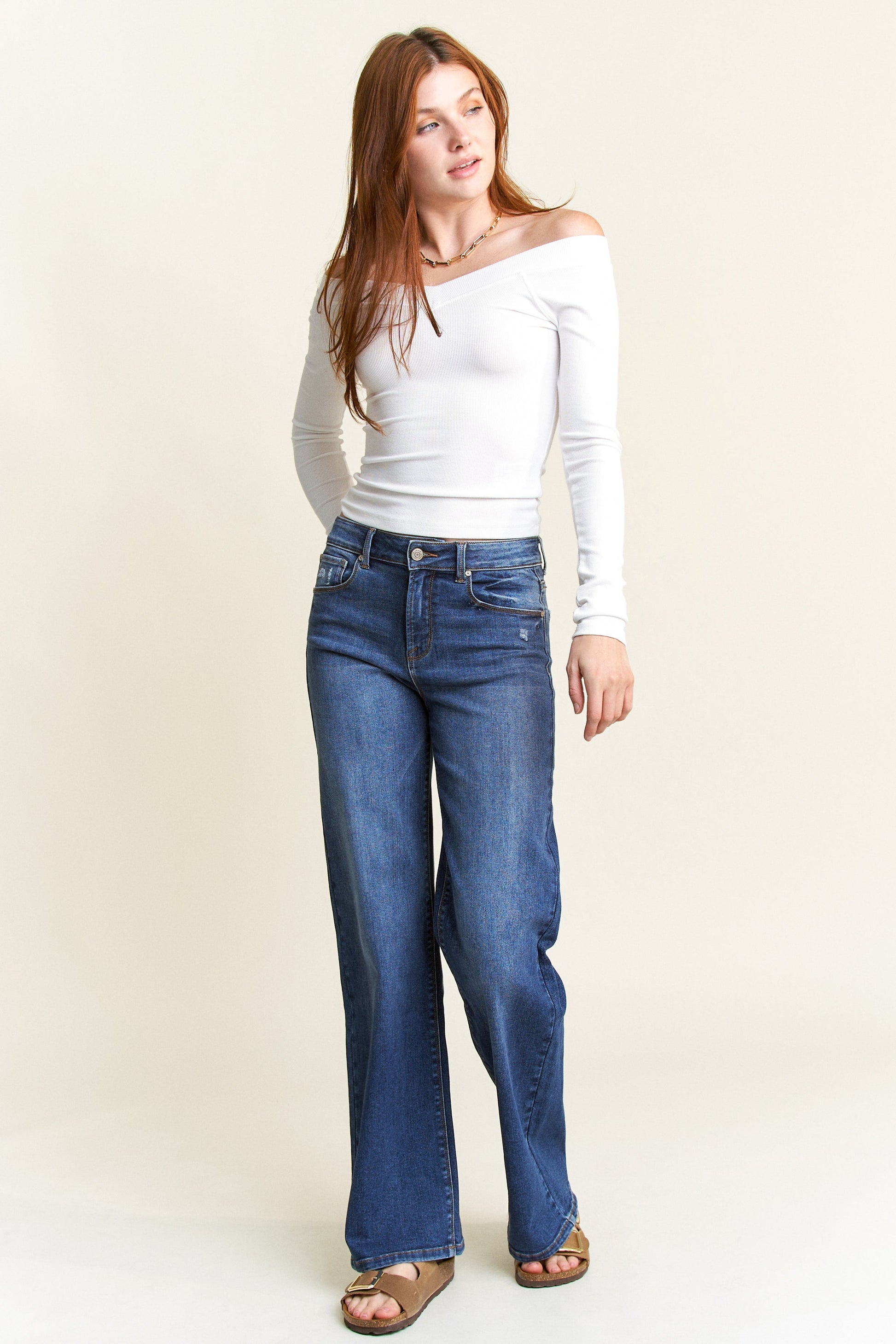High Rise Destructed Wide Leg Jeans-0