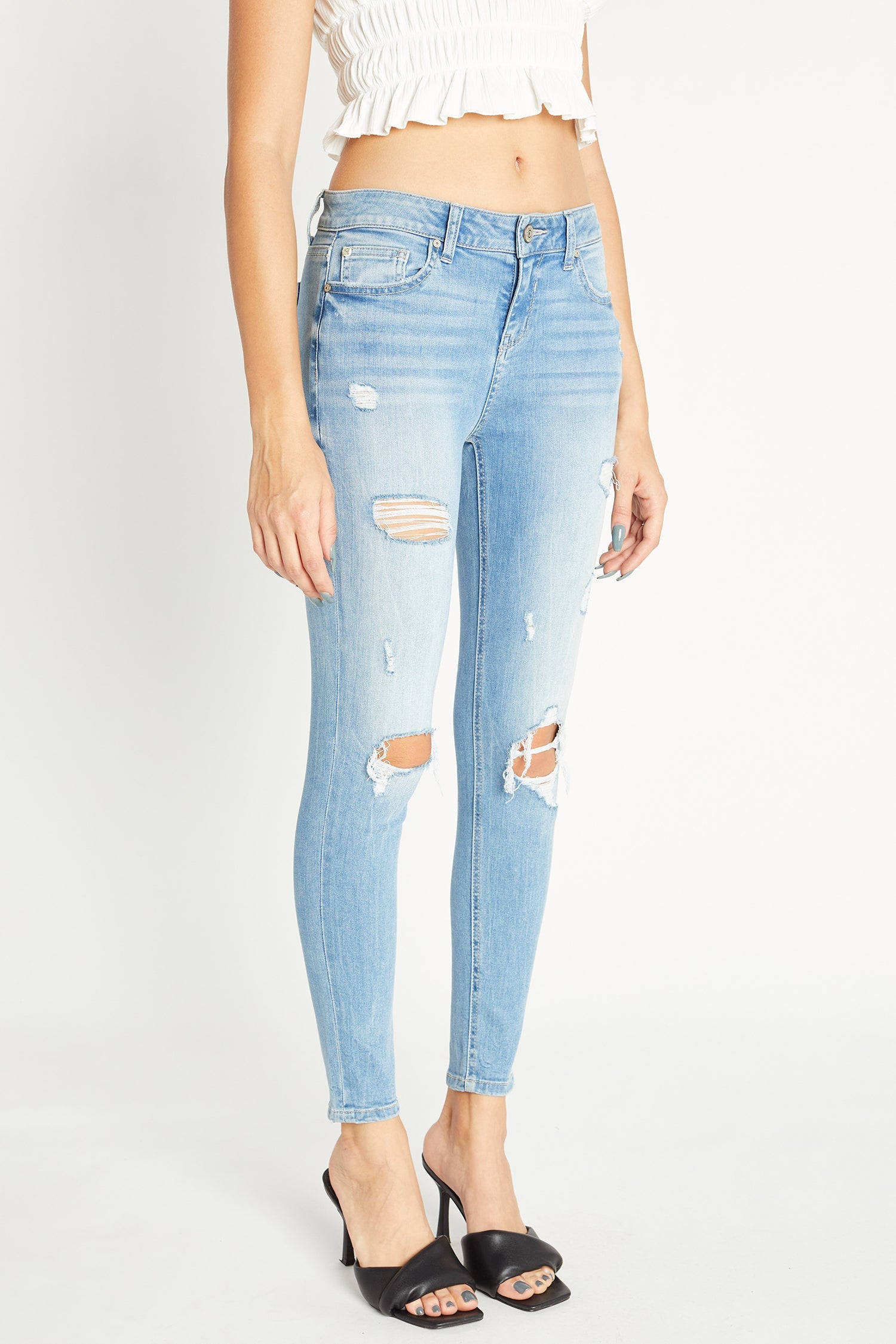 Distressed Mid Rise Ankle Skinny Jeans-2