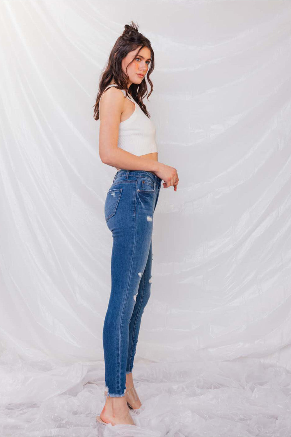 Destructed High Rise Ankle Skinny Jeans-1