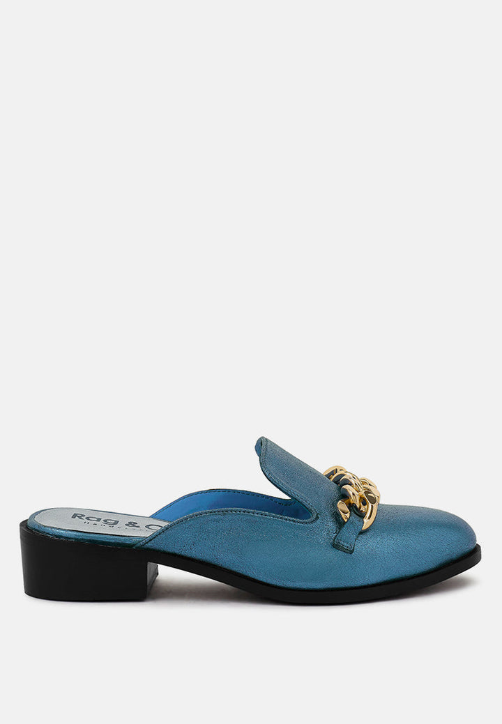 Aksa Chain Embellished Metallic Leather Mules-5