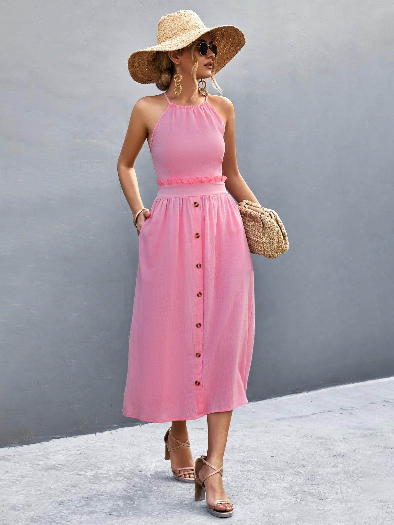 Buttoned Halter Neck Frill Trim Midi Dress for Chic Style