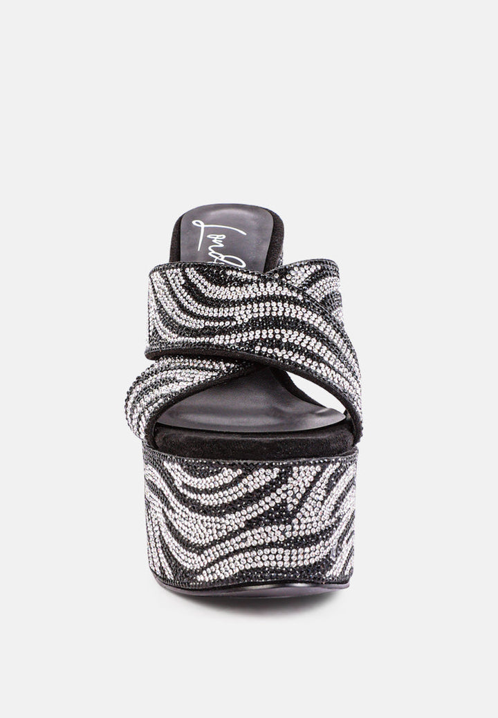 Sinful High Platform Patterned Diamante Slides-4