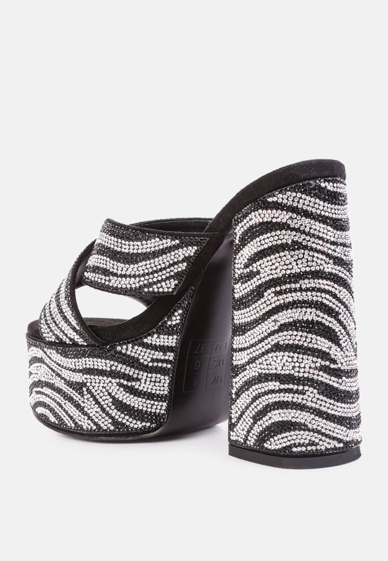 Sinful High Platform Patterned Diamante Slides-3