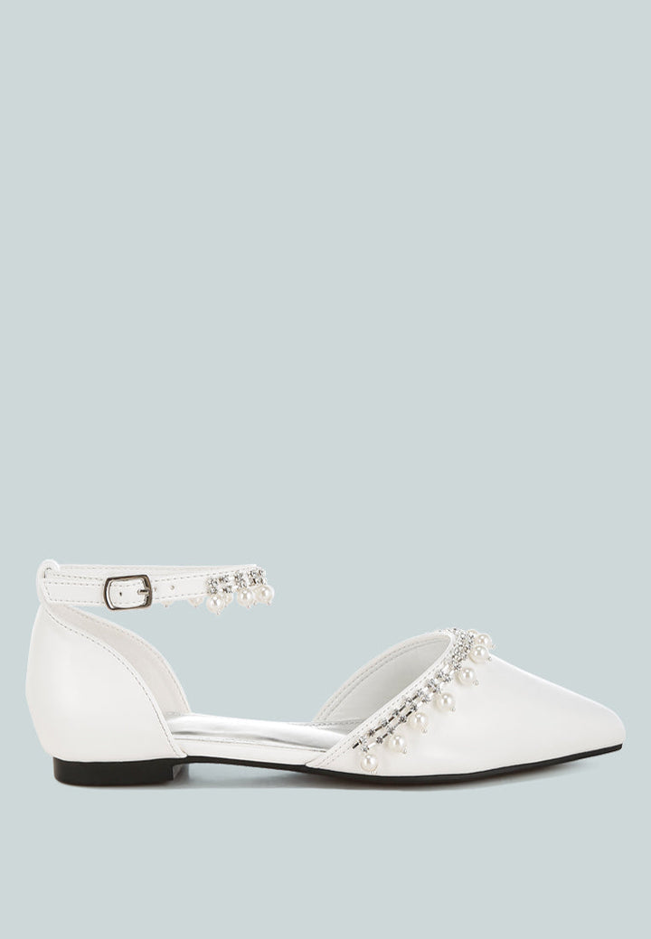 Aouva Rhinestone &amp; Pearl Ankle Strap Flat Sandals-0