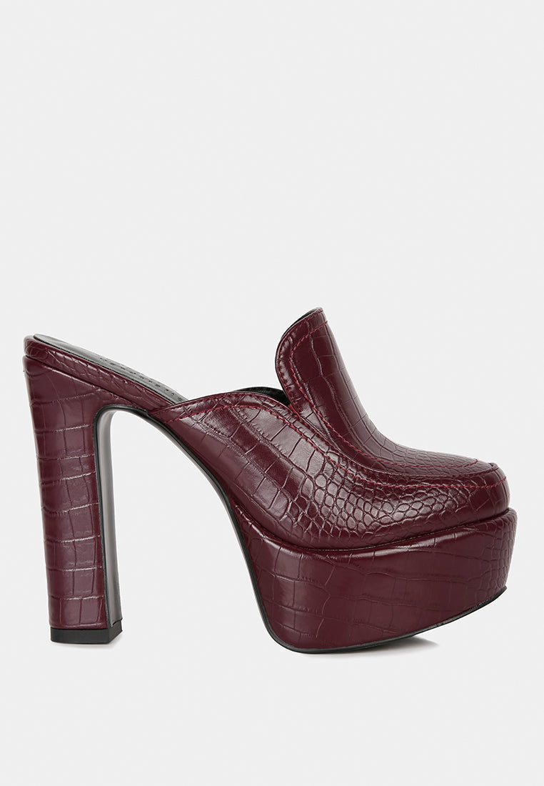 Bauhaus Croc Pattern Heeled Platform Mules-5