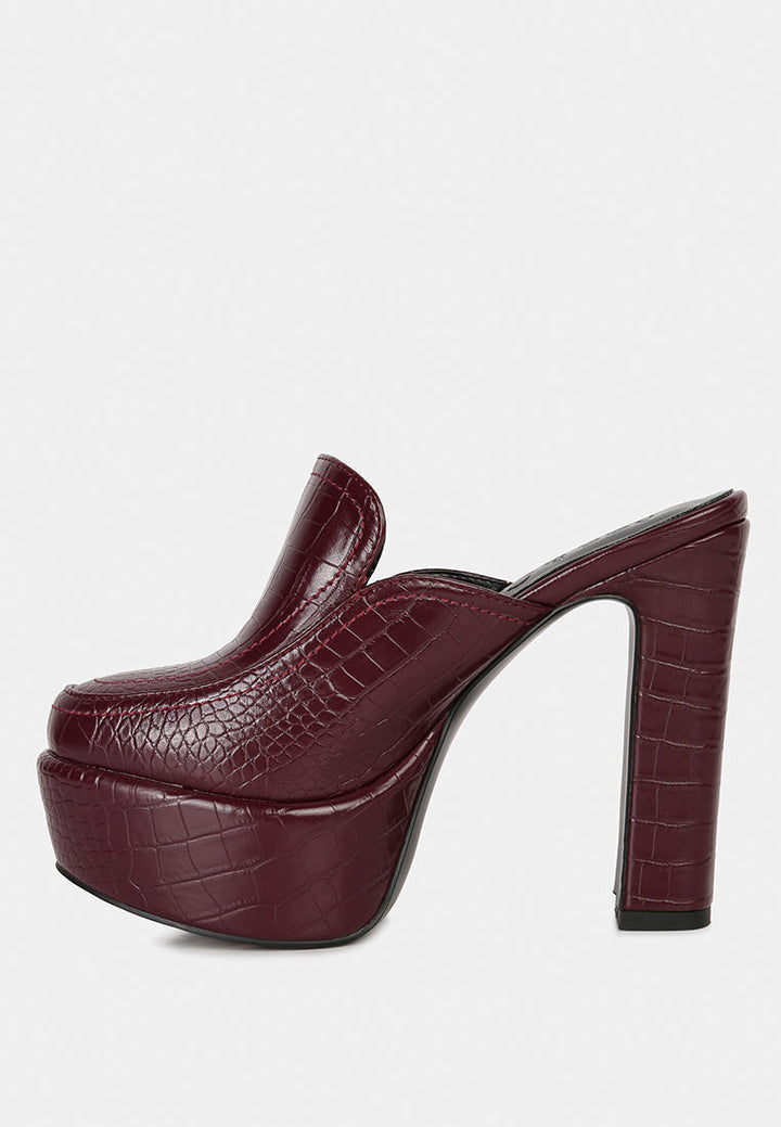 Bauhaus Croc Pattern Heeled Platform Mules-2
