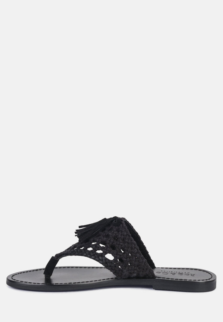 Beech Handwoven Natural Suede Tassel Thong Flats-2