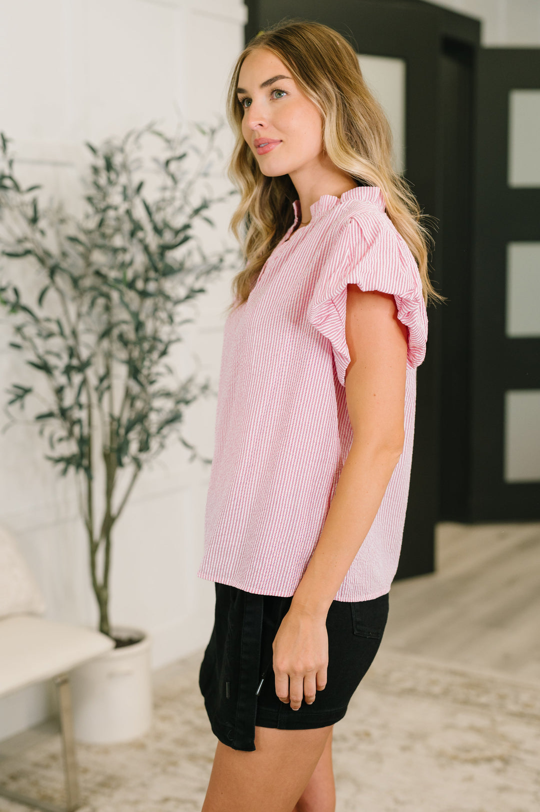 Beauty &amp; Brains Textured Split Neck Blouse