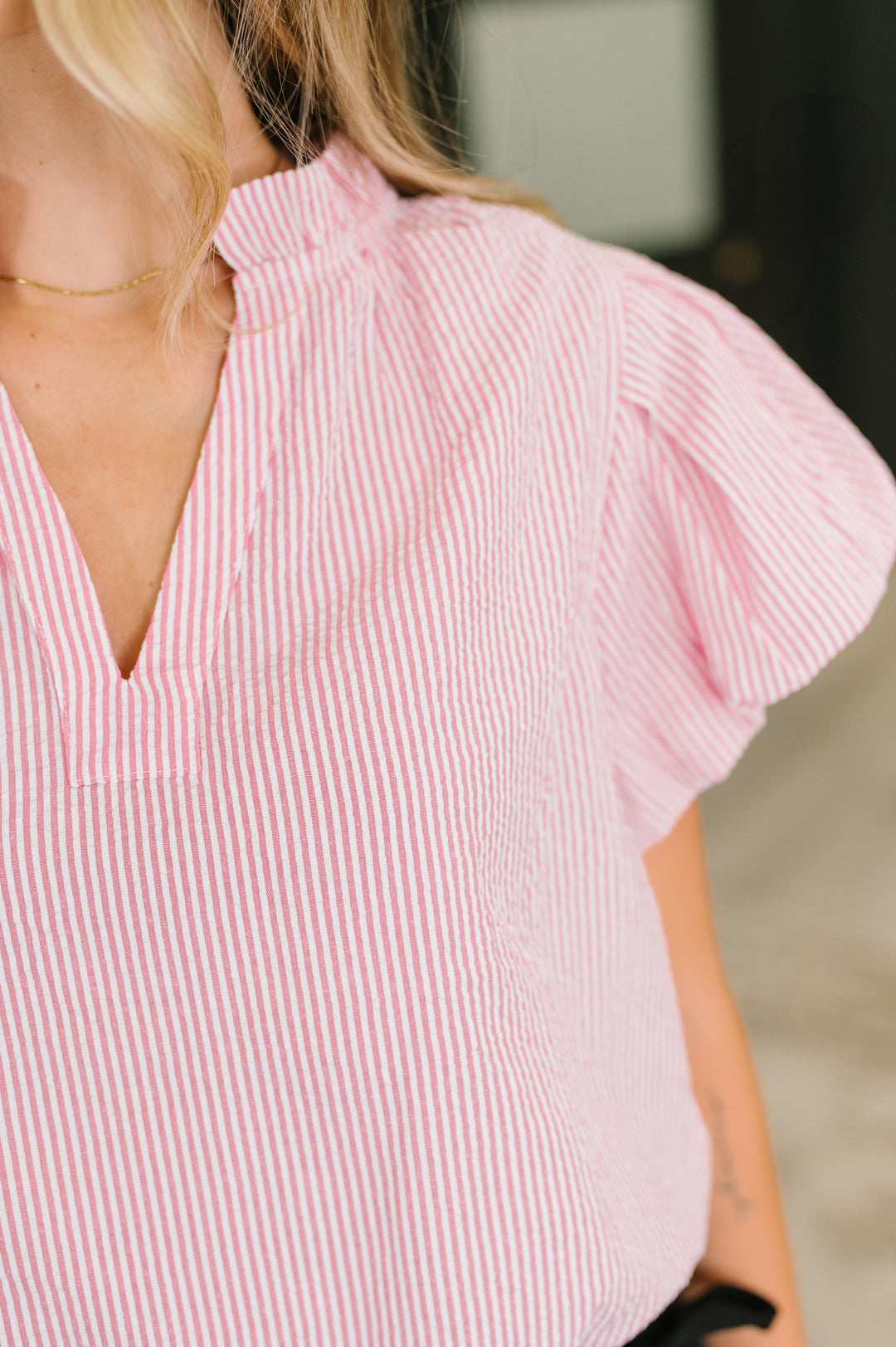 Beauty &amp; Brains Textured Split Neck Blouse