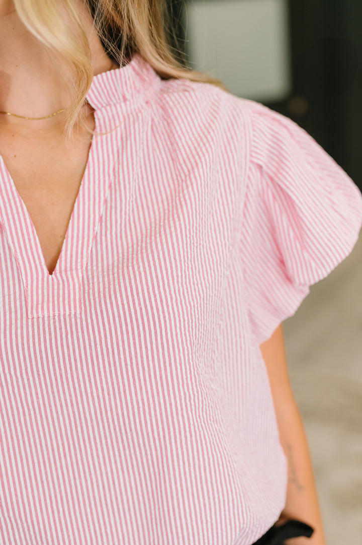 Beauty &amp; Brains Textured Split Neck Blouse