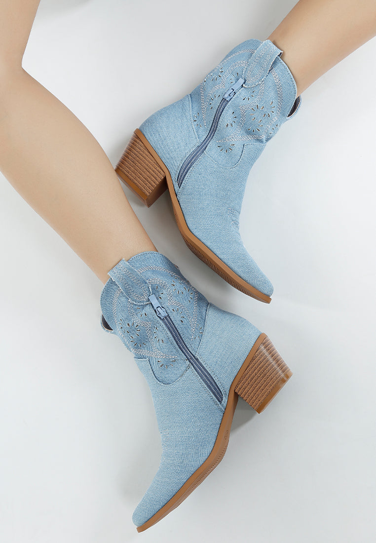 Nigara Cut Out Detail Denim Cowboy Boots-1
