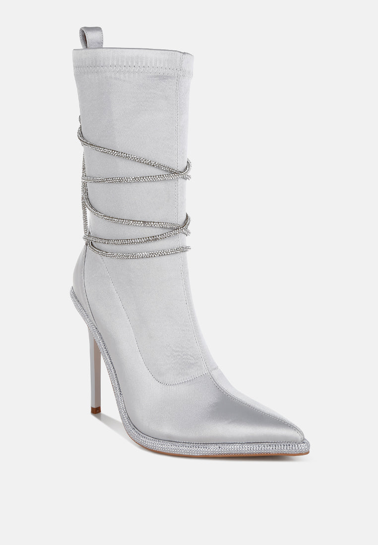 Dacia Rhinestones Strap Satin Calf Boots-1
