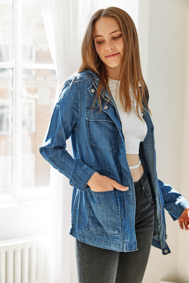 Hooded Chambray Utility  Denim Jacket-4
