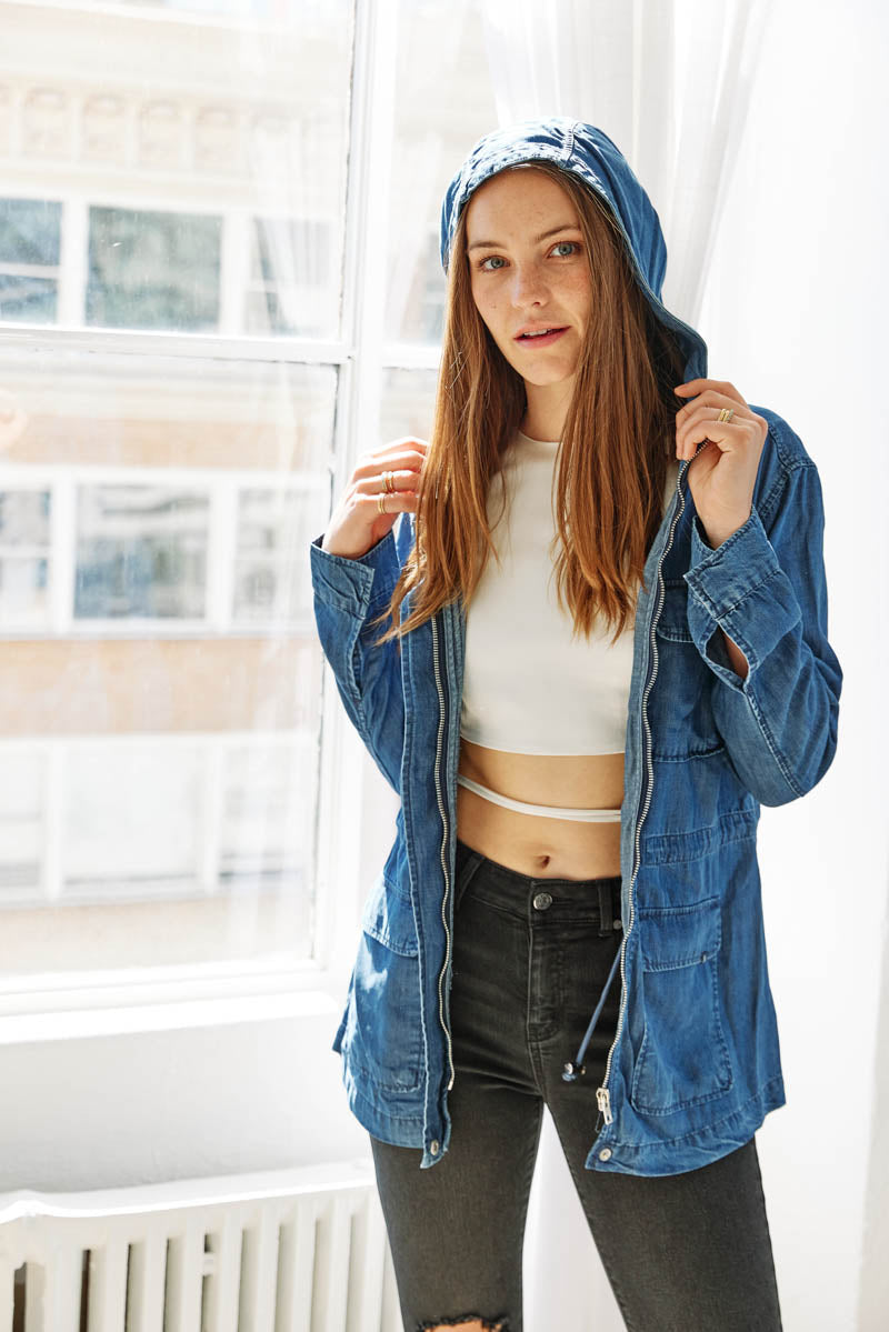Hooded Chambray Utility  Denim Jacket-3