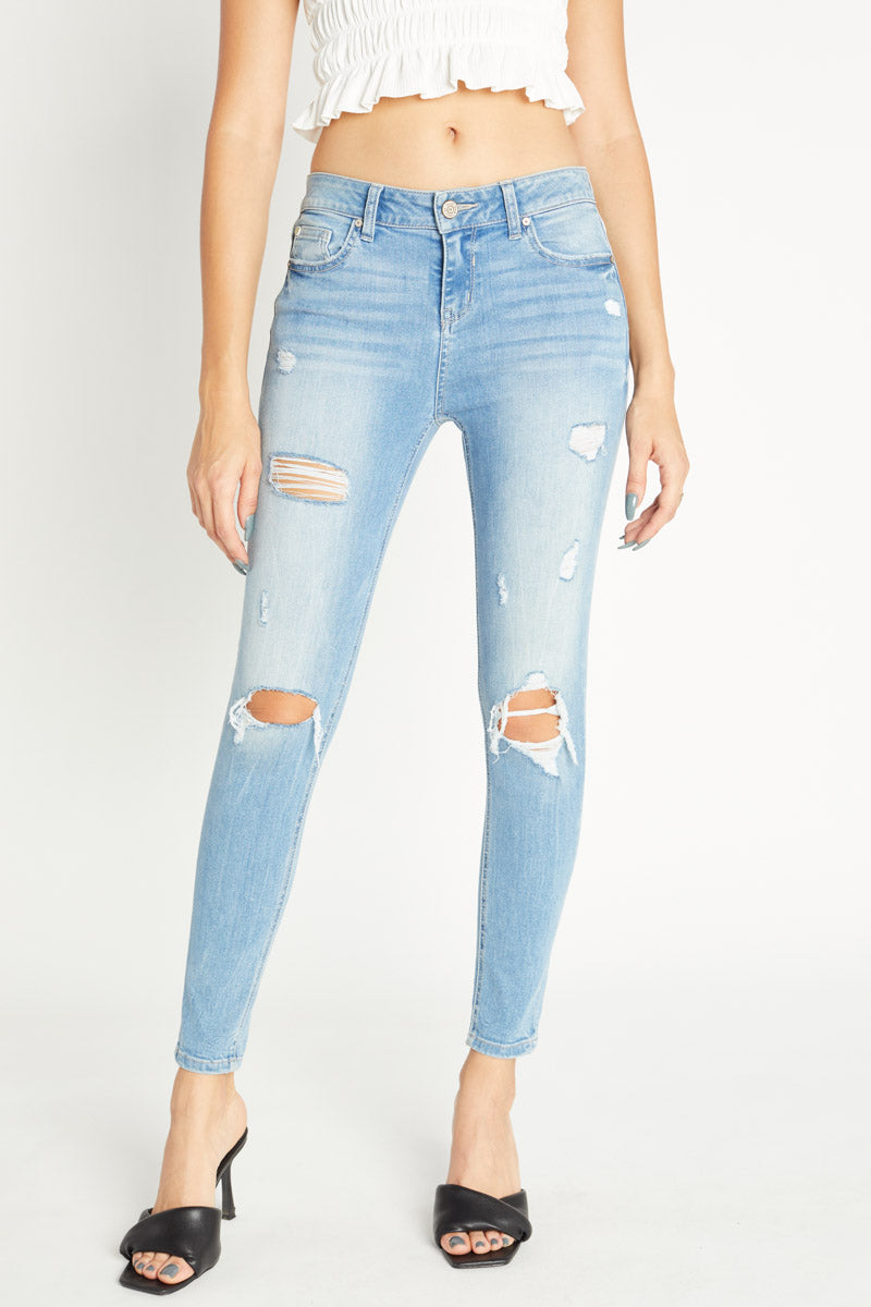 Distressed Mid Rise Ankle Skinny Jeans-0