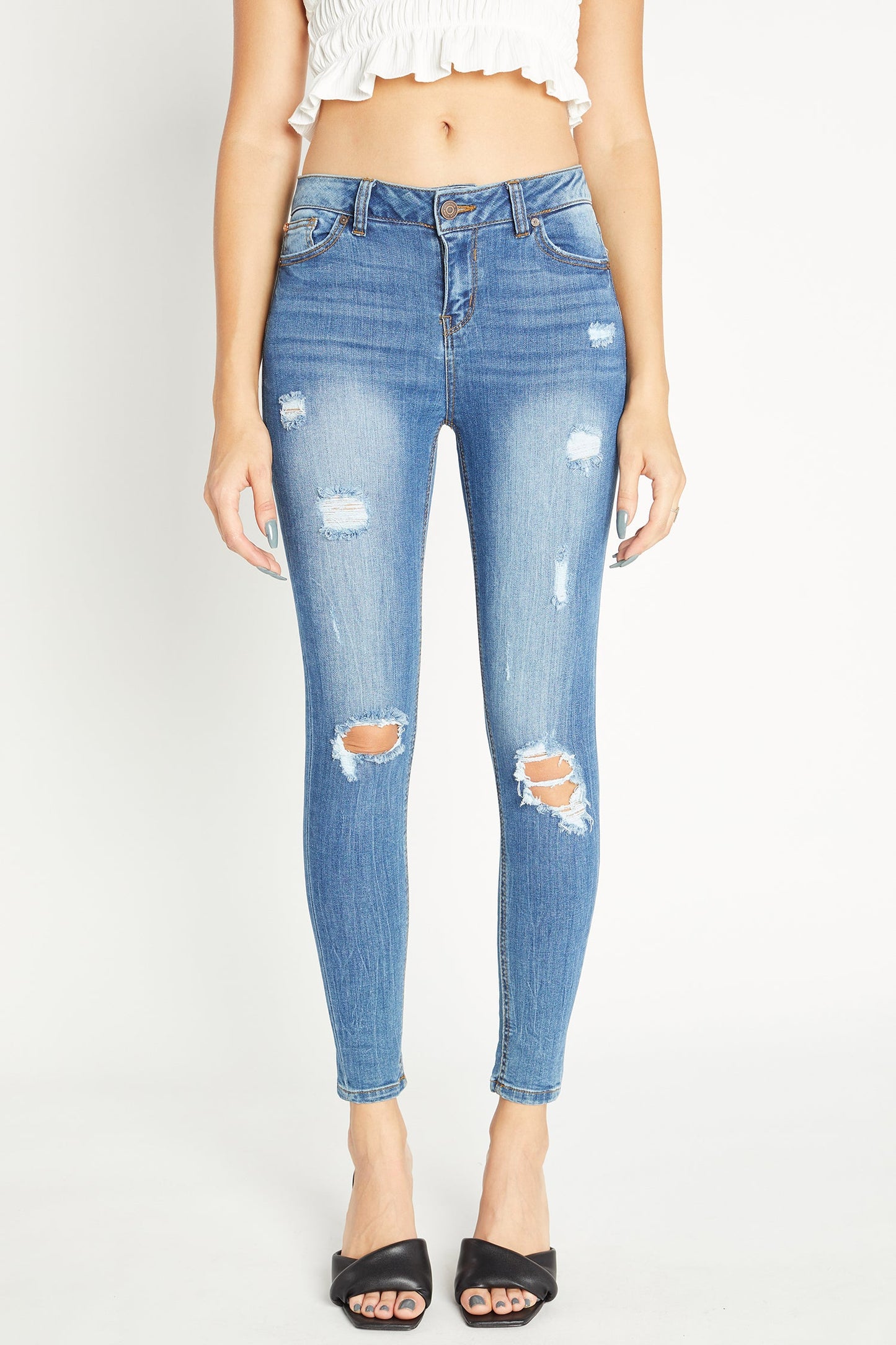 Distressed Mid Rise Ankle Skinny Jeans-3