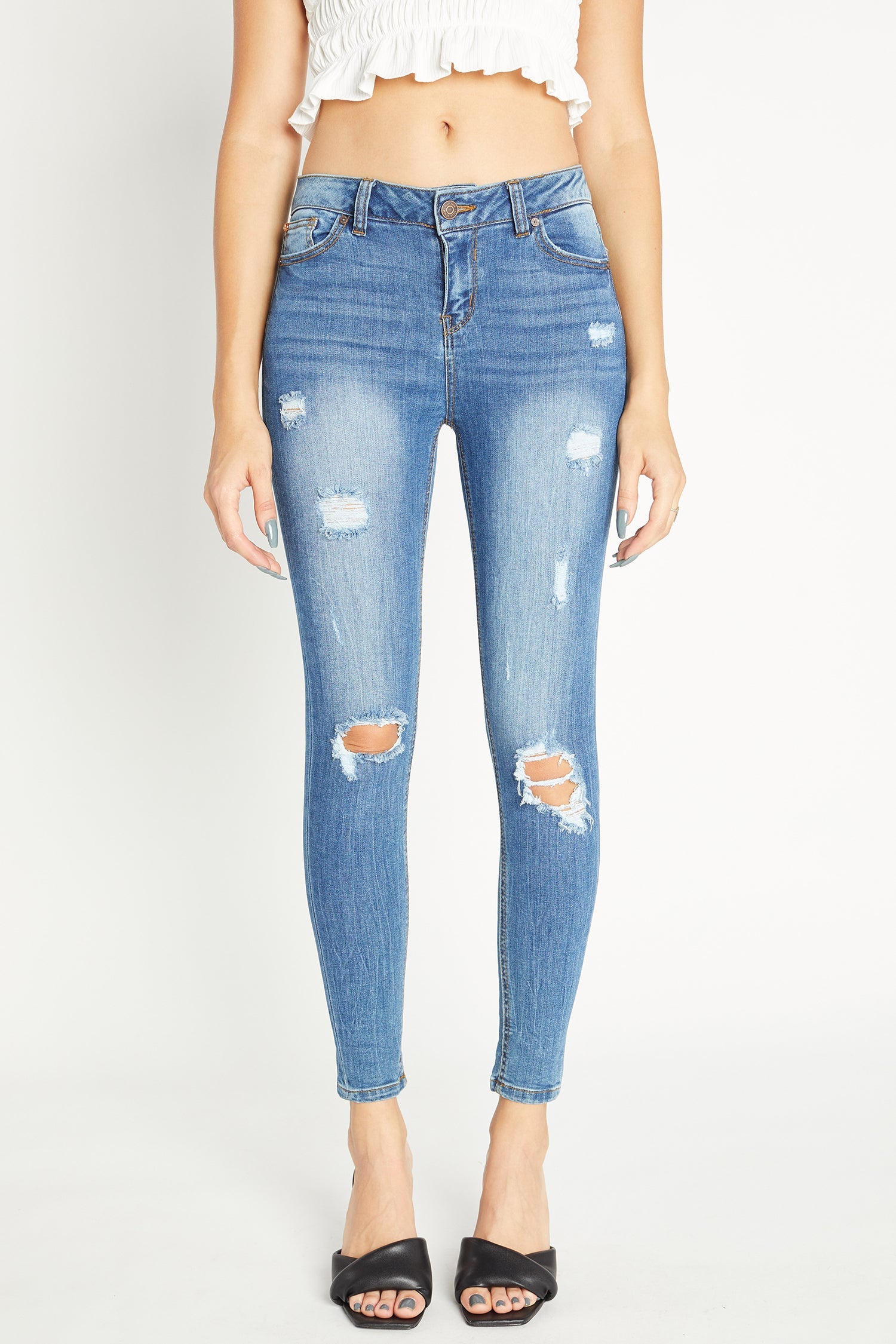 Distressed Mid Rise Ankle Skinny Jeans-3