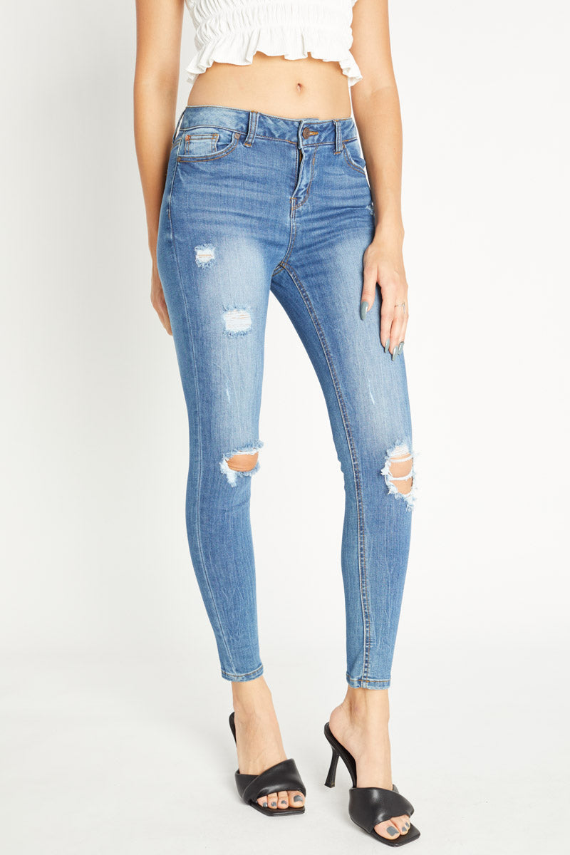 Distressed Mid Rise Ankle Skinny Jeans-2