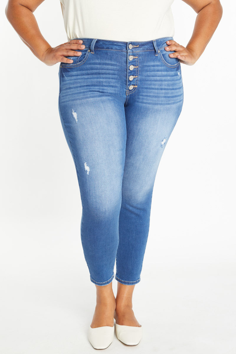High Rise Ankle Skinny Jeans with 5 Exposed Button-0
